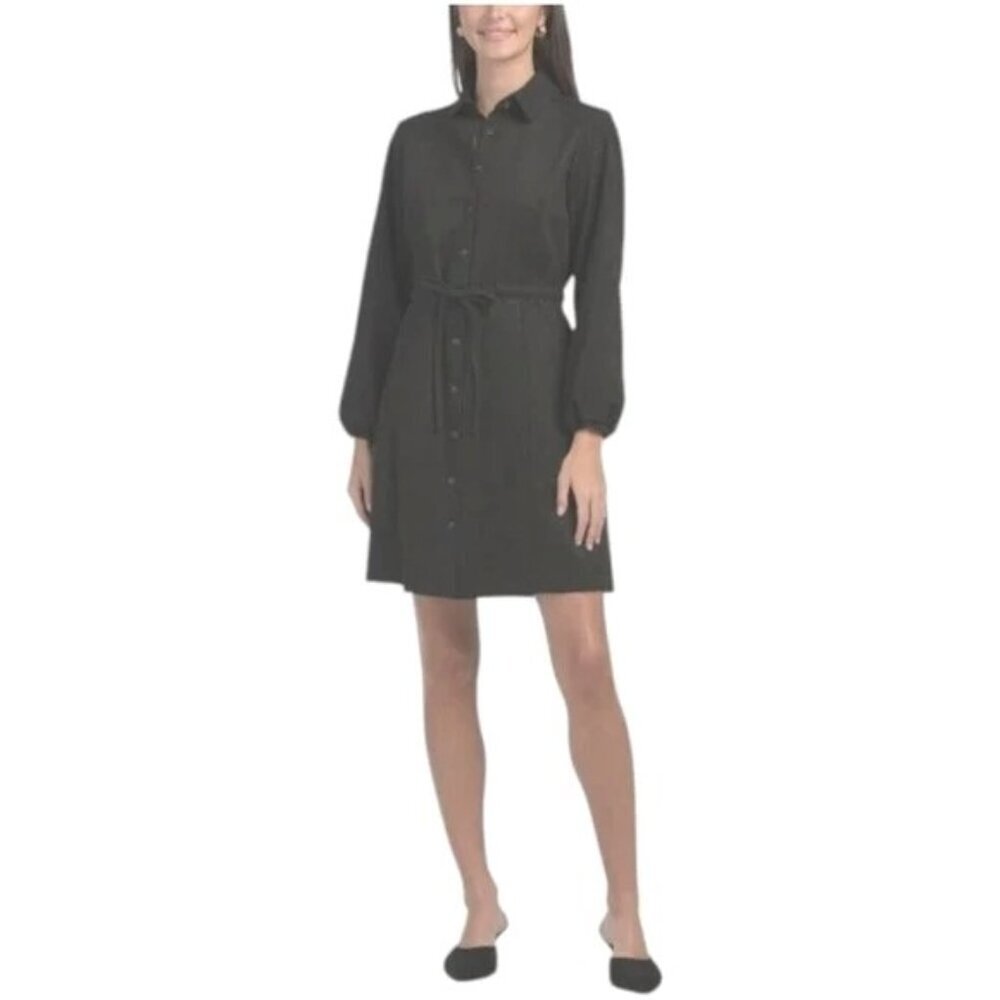 Calvin Klein Womens Black Faux Suede Button Front Belted Shirt Dress Sz 4 New